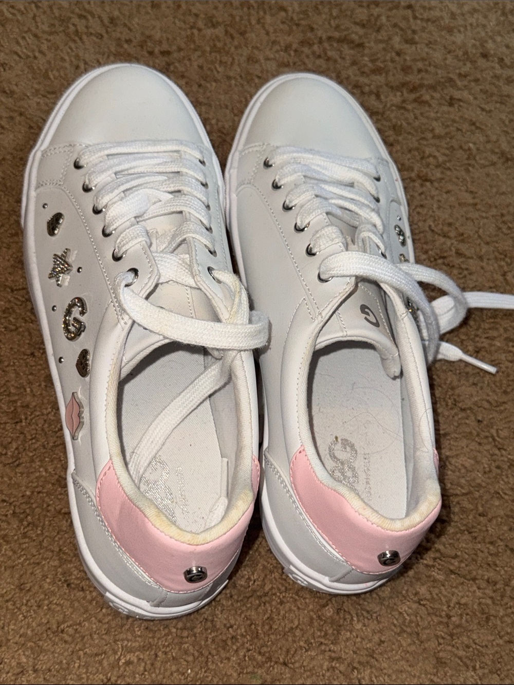 White Sneakers with Pink Heel Accent - Women's Casual Lace-Up Shoes sz 10